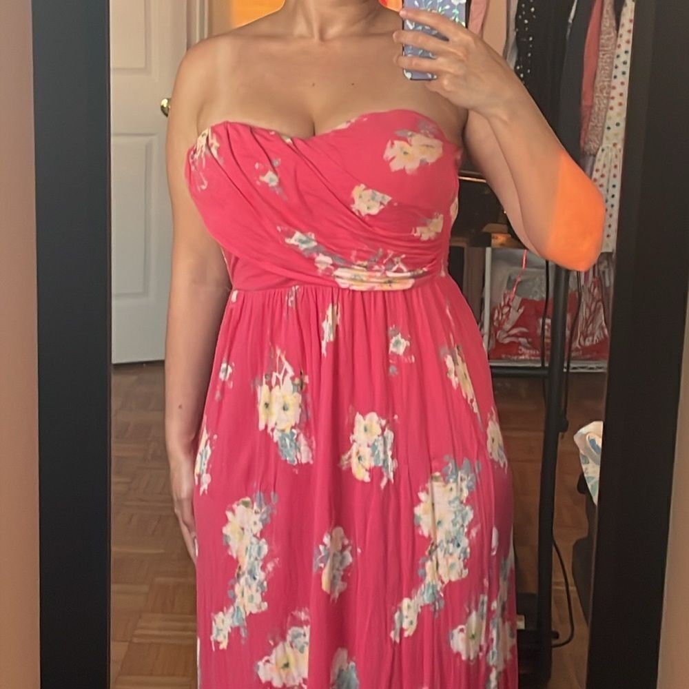 EUC American rag floral pink sweetheart strapless maxi vacation bodice dress